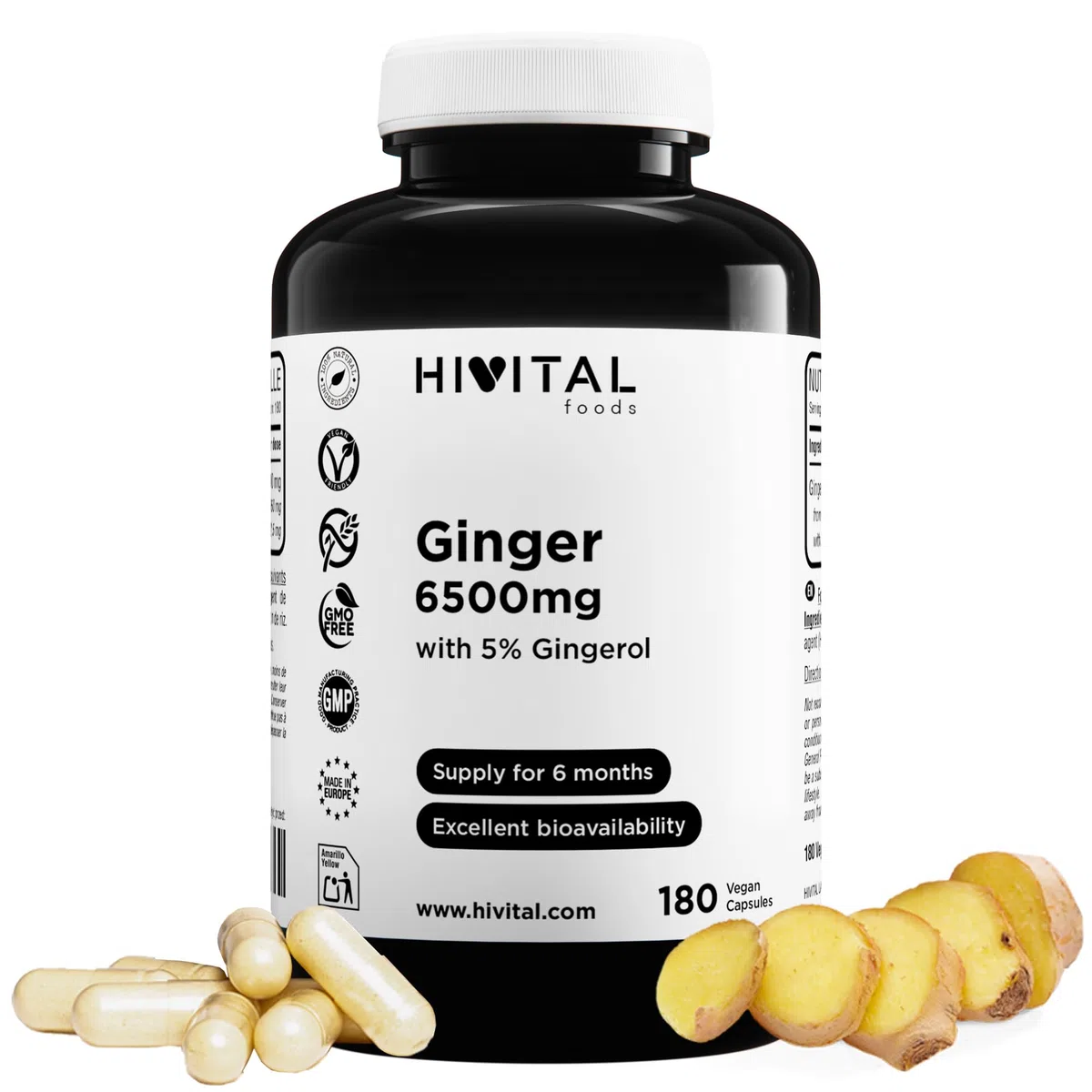Zenzero 6500mg. 180 capsule vegane per 6 mesi di trattamento. Estratto Naturale di Zenzero al 5% di Gingeroli, fornendo 32,5mg per capsula. Prodotto in Europa da HIVITAL