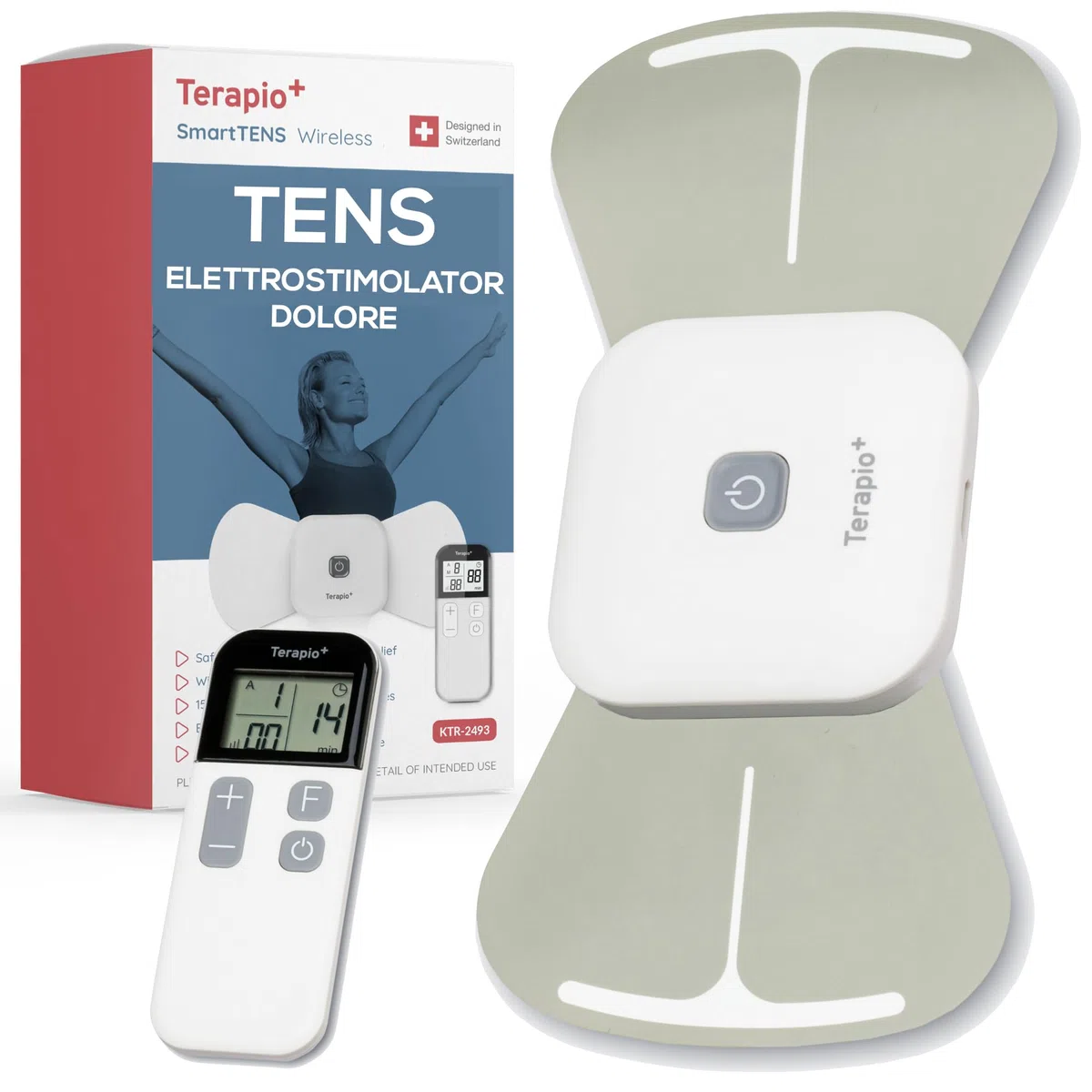 Elettrostimolatore Antidolorifico TENS Wireless. Dispositivo TENS portatile Senza Fili. Elettrostimolatore Muscolare con Telecomando. Ricaricabile 15 modalità per il Trattamento del Dolore