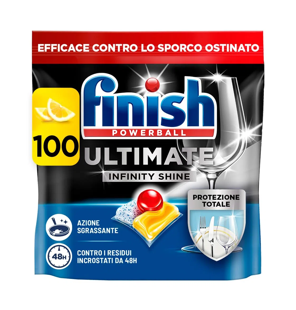 Finish Ultimate Infinity Shine Pastiglie Lavastoviglie, 100 Capsule Lavastoviglie al Limone, Pastiglie per Lavastoviglie contro lo Sporco e i Residui Incrostati