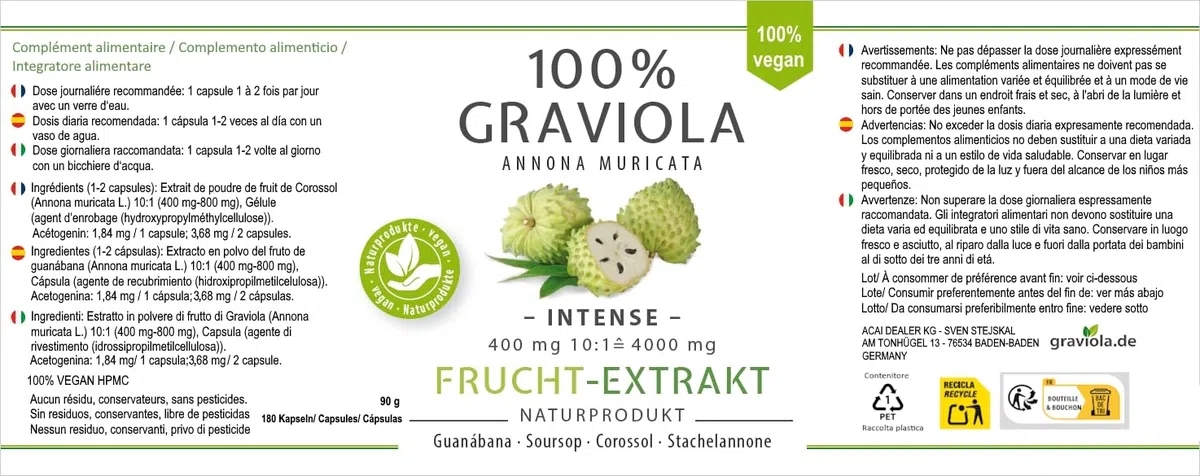 100% ESTRATTO DI FRUTTA DI GRAVIOLA 4000 mg/Senza Pesticidi - 10:1 Ad Alta Concentrazione - 180 Capsule da 400 mg, senza Pesticidi, Additivi, Agenti Antiagglomeranti. Direttamente dal Produttore