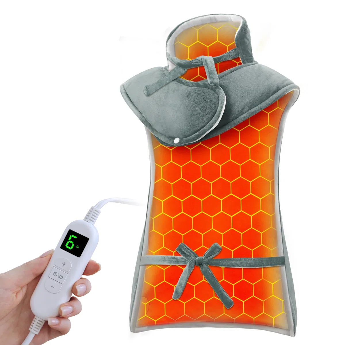 Termoforo Elettrico per Schiena Collo e Spalle,60x108cm Termoforo Cervicale 6 Livelli di Calore, Spegnimento Automatico, Morbido Cotone Cristallino, Lavabile in Macchina-Grigio