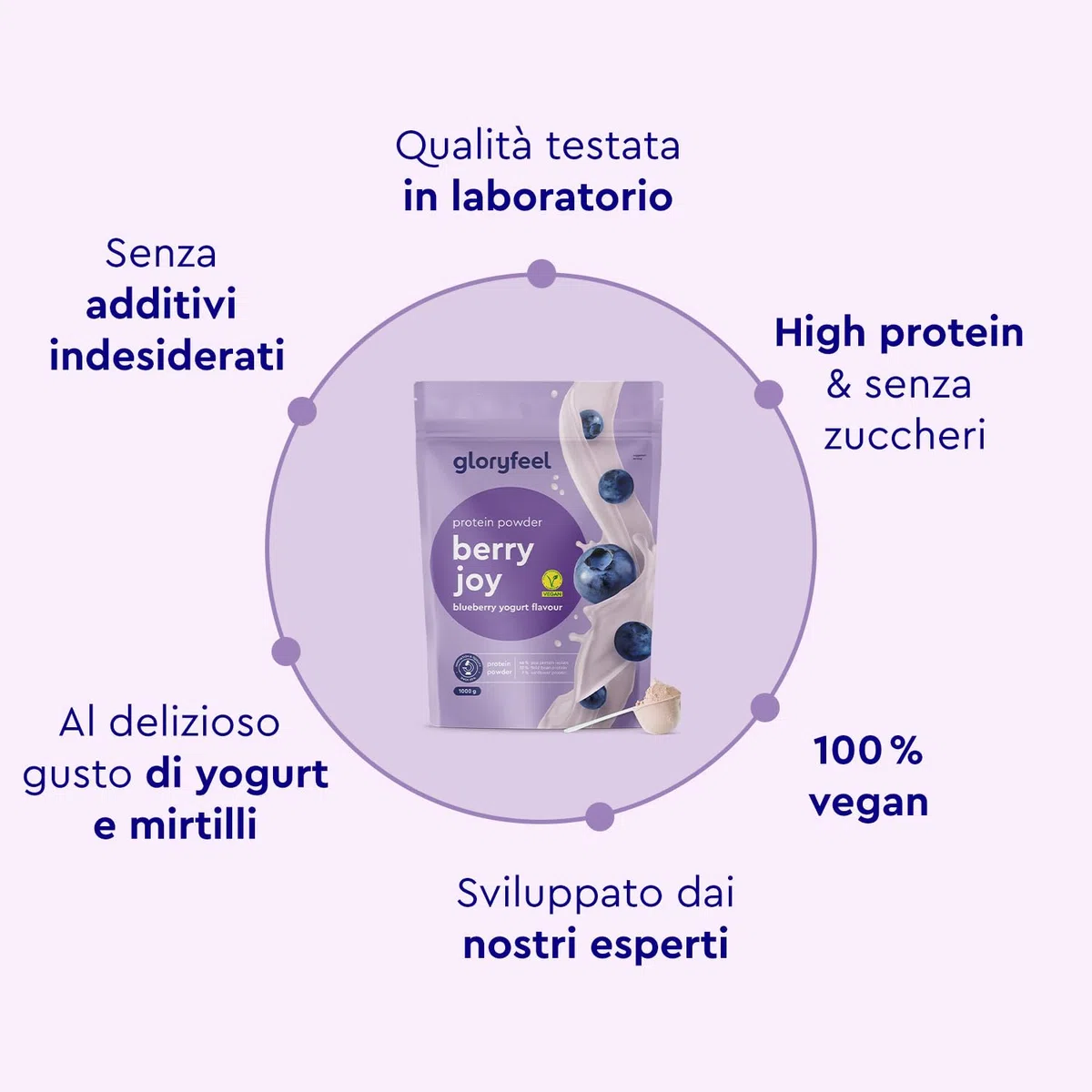 Proteine Vegane in Polvere Gusto Mirtillo - 1kg Proteine Vegetali - 33 Porzioni da 21g di Proteine - senza Soia - da Proteine in Polvere di Pisello, Fava e Girasole - 100% vegan e senza Glutine