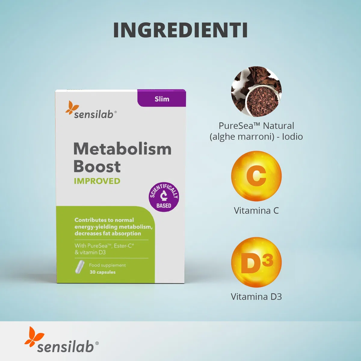 Acceleratore Metabolismo con Iodio, Vitamina C, Alga bruna, Vitamina D3-60 capsule Metabolism Boost Improved - Sensilab