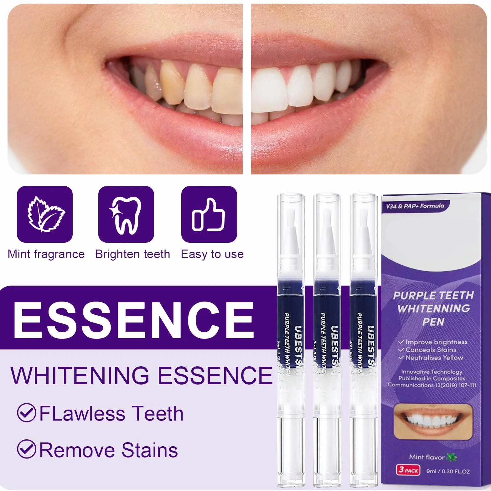 3 Pezzi Penne Sbiancante Denti,Penna Gel Sbiancamento per Dentale,sbiancante denti,Per Rimozione delle Macchie e Sorriso Più Luminoso,Facile da Usare,Rapido Sbiancamento(Viola)