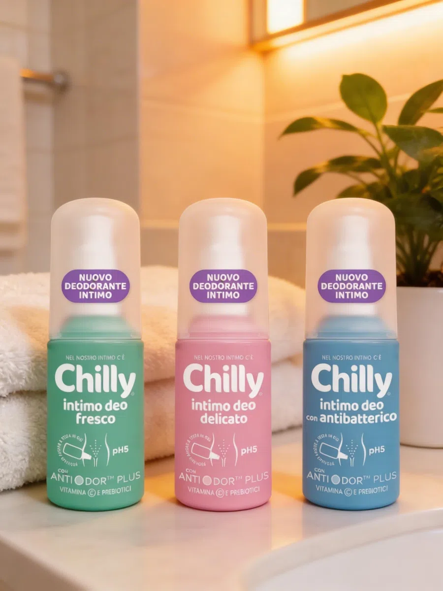 Chilly Deodorante Intimo Set 3 Pezzi, Fresco Delicato Antibatterico, pH5 con Antiodor Plus, Vitamina E e Prebiotici