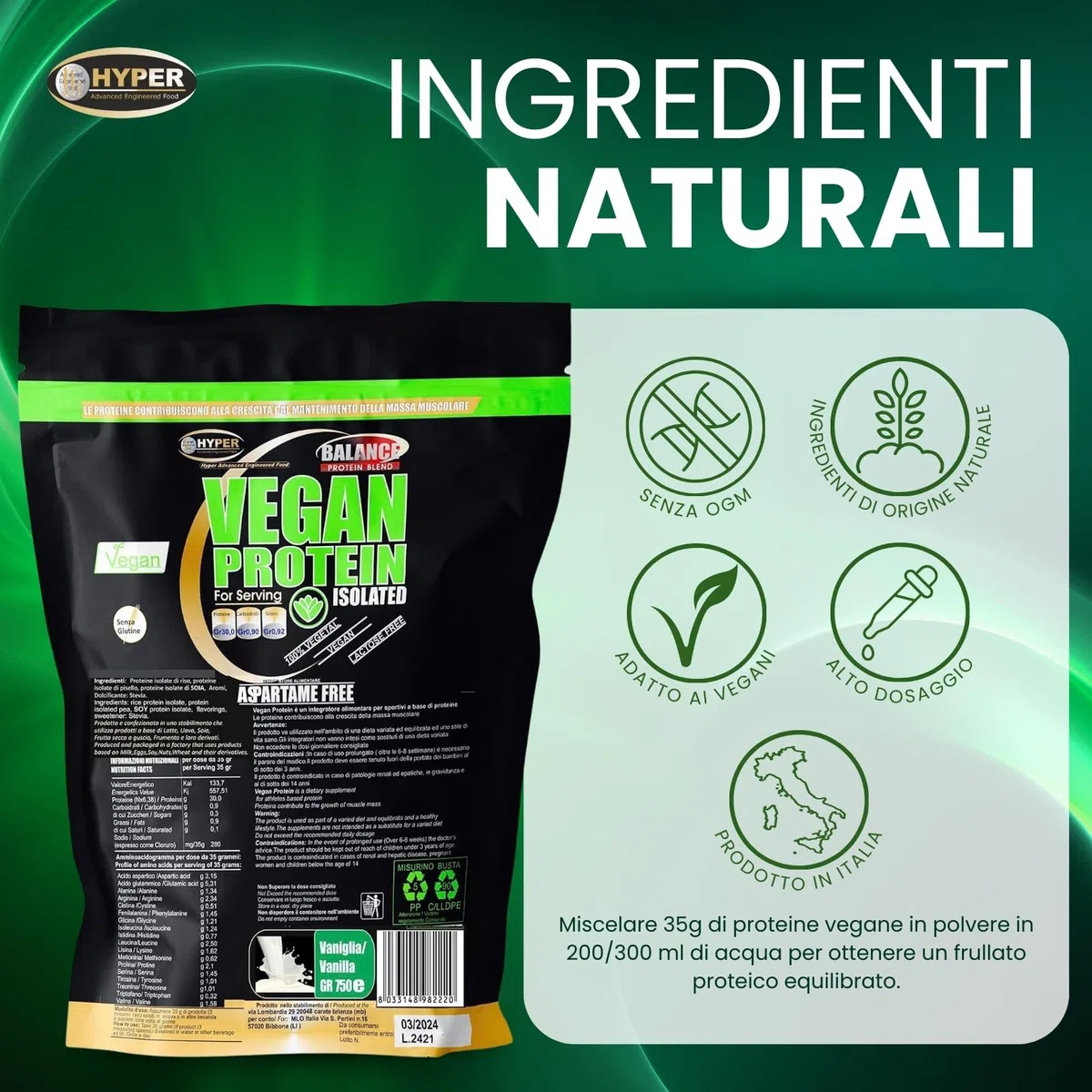 Hyper Proteine Vegane Vegetali Vegan in Polvere g 750 con Proteine del Pisello Soia Riso 90% di Proteine Povere di Carboidrati e Grassi Senza Lattosio Senza Aspartame Vaniglia Prodotte in Italia