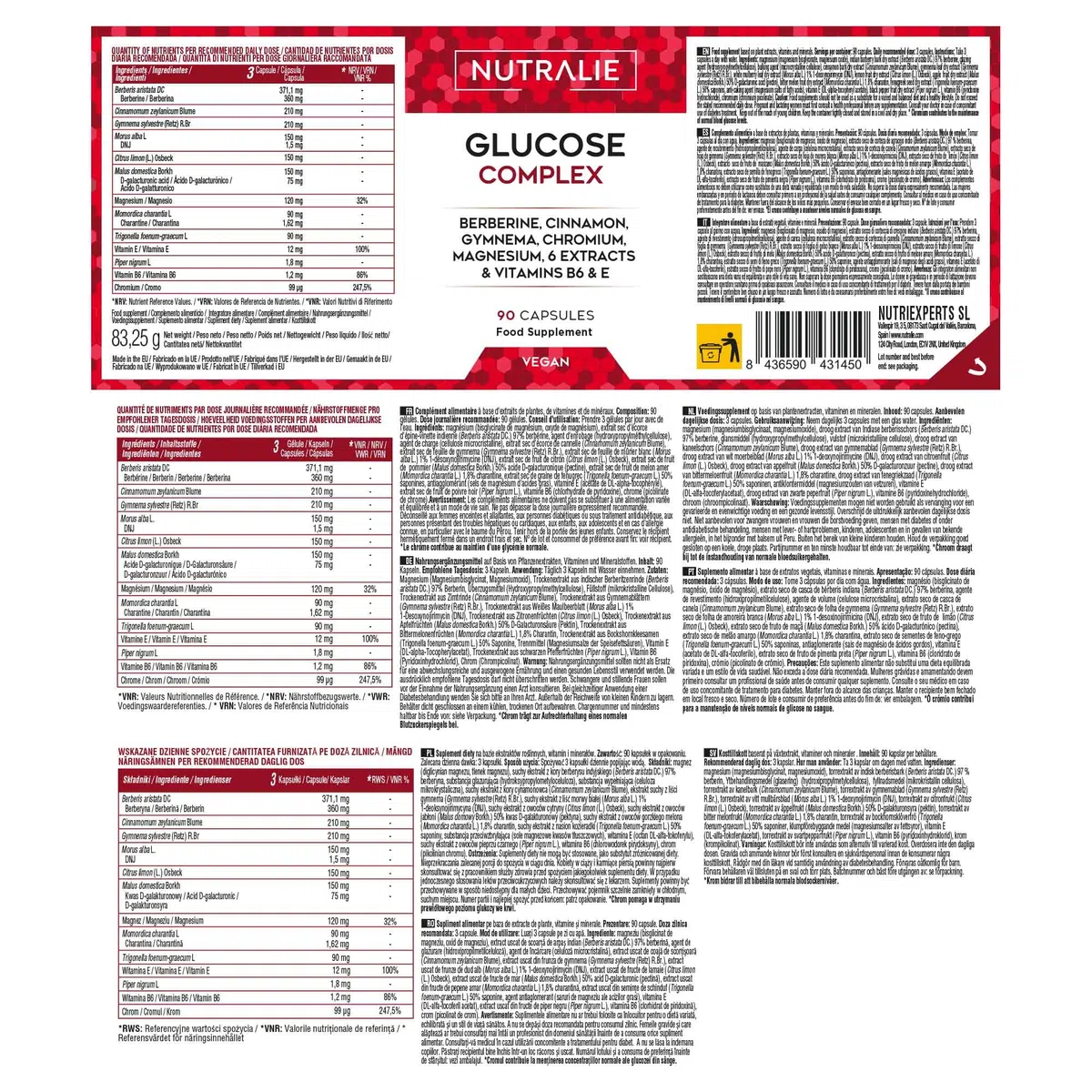Glucosio Complex 2000mg - Controllo del Glucosio - Berberina Cromo Cannella Gymnema Pepe nero Melone amaro Vitamina B6 + E - Livelli normali di glucosio nel sangue - 90 capsule Nutralie