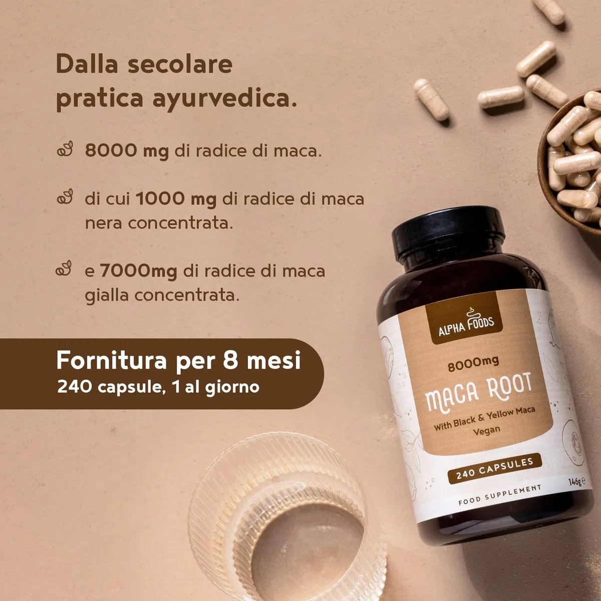 Maca Peruviana Nera Extra Forte | 8000mg per Capsula di Estratto di Maca Gialla + Black/Nera | Equilibrio Ormonale | 240 Capsule Vegane Alto Dosaggio | Alpha Foods