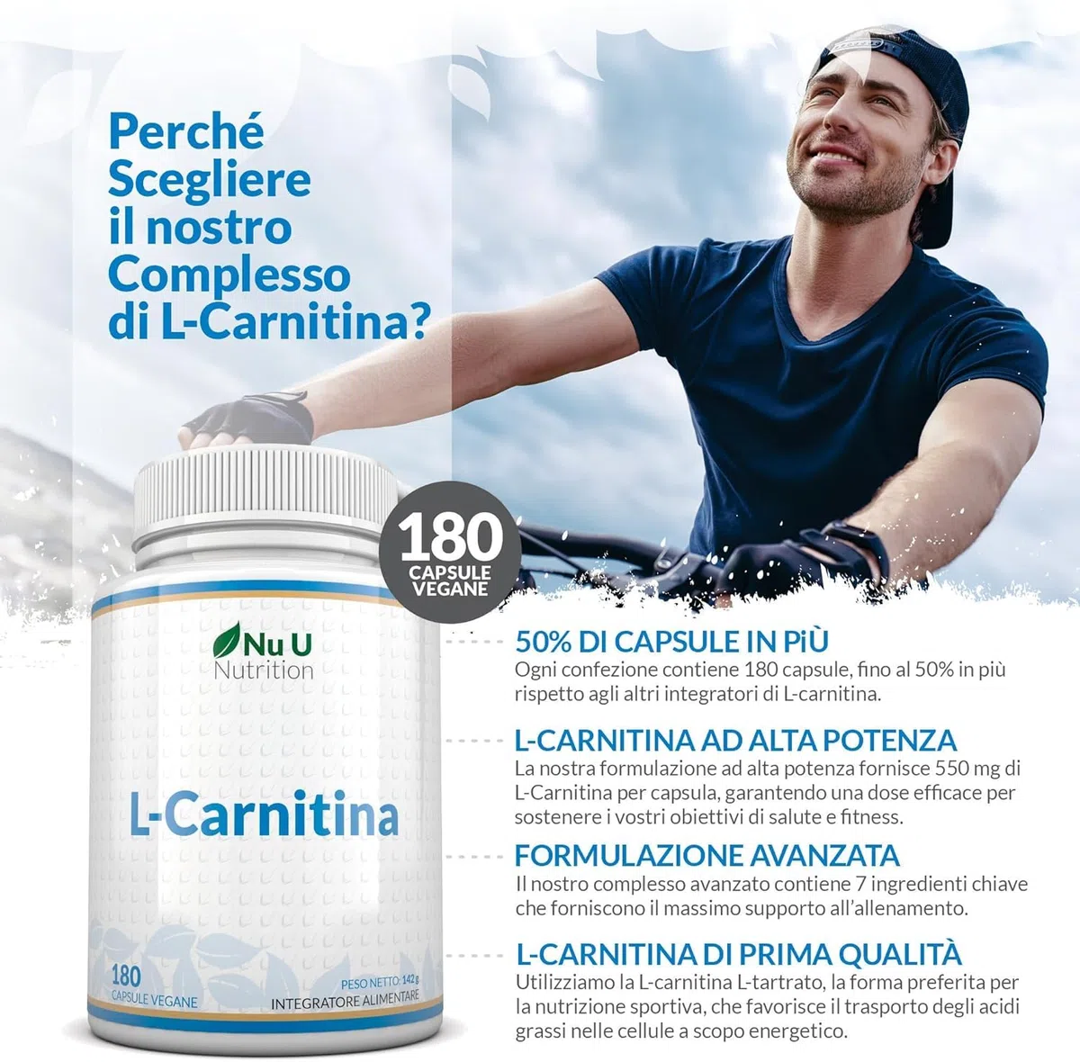 L-Carnitina Tartrato Forte - 180 Capsule Vegane - 550mg di Carnitina per Capsula - Con Vitamine & Minerali - Integratore Pre e Post Workout per Sportivi - Prodotto in Europa - Nu U Nutrition