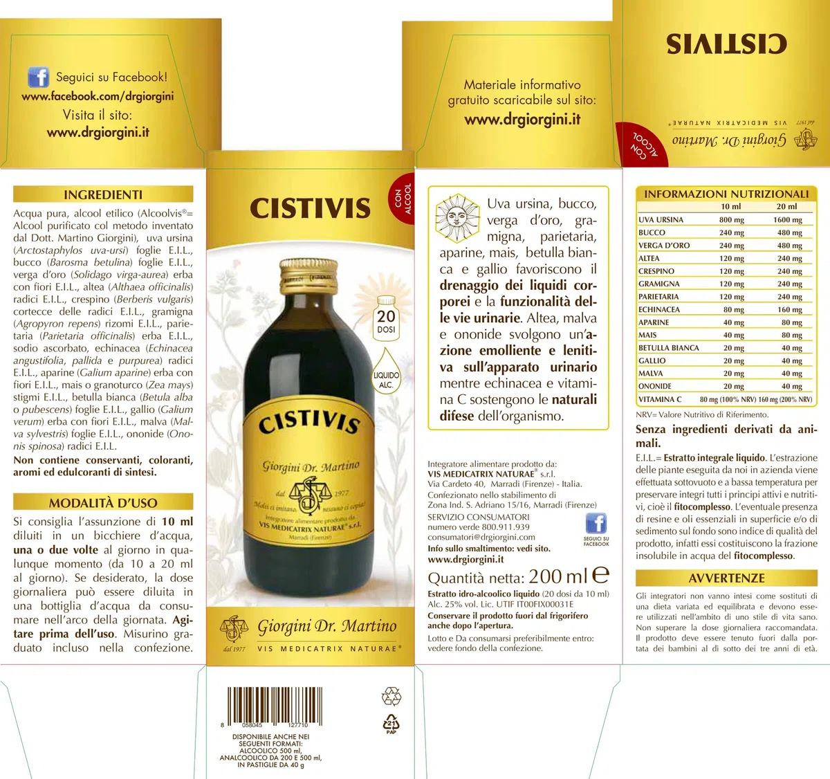 CISTIVIS liquido alcoolico – 200 ml (Integratore di uva ursina, verga d’oro e altre piante per la funzionalità delle vie urinarie)