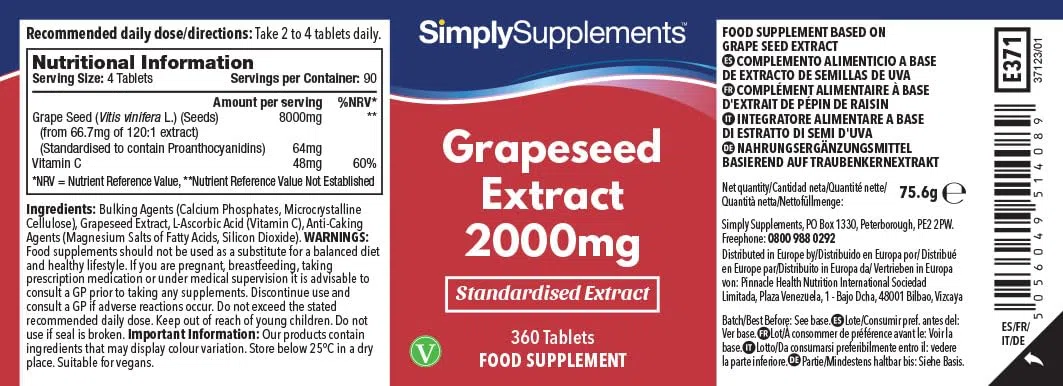 Estratto di Semi d'uva 2000 mg - 360 compresse - Adatto ai vegani - 6 mesi di trattamento - SimplySupplements