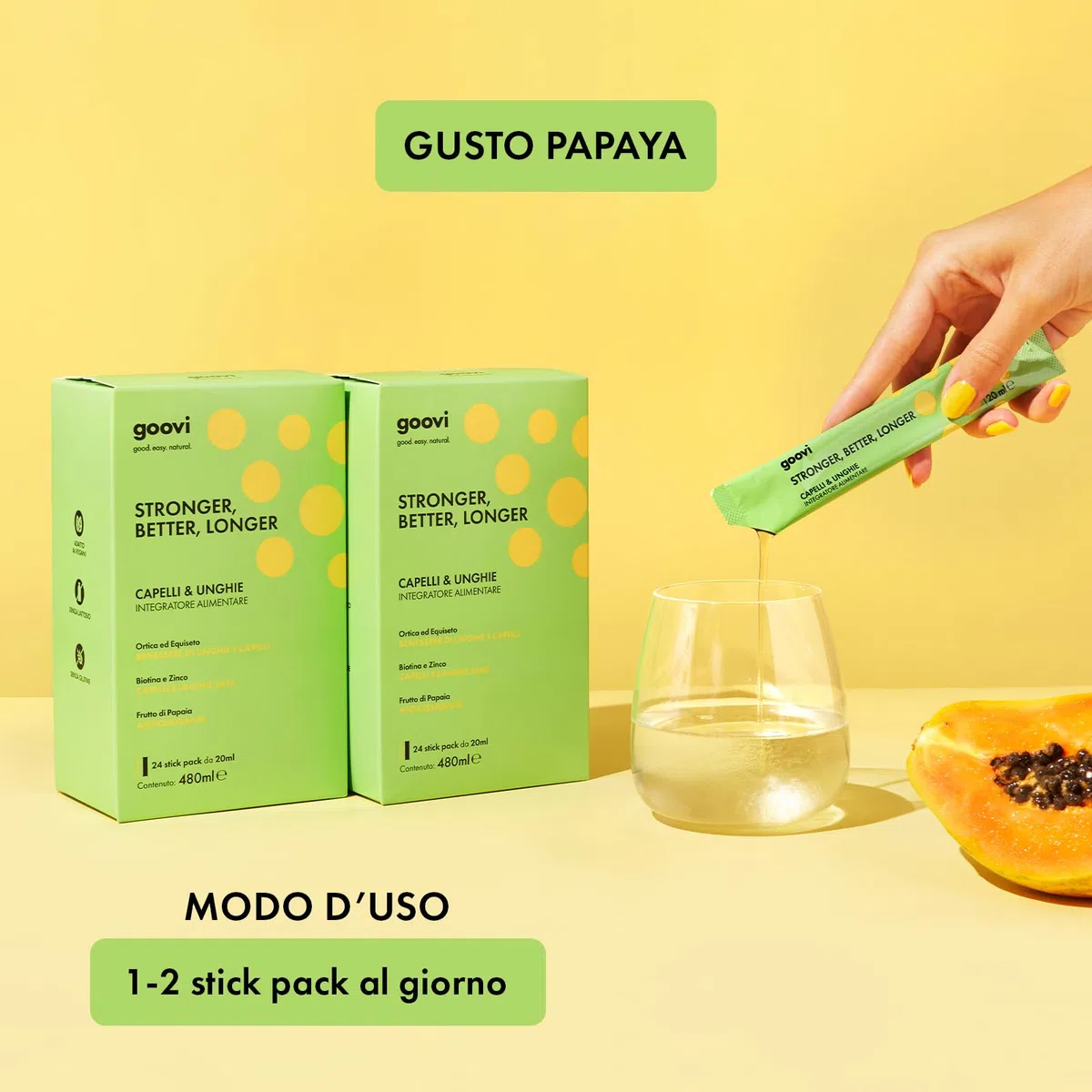 Goovi, Stronger, Better, Longer, Integratore Alimentare per Capelli e Unghie, Rende Capelli e Unghie Sani e Forti, Confezione da 24 Stick Pack da 20 ml, Gusto Papaia