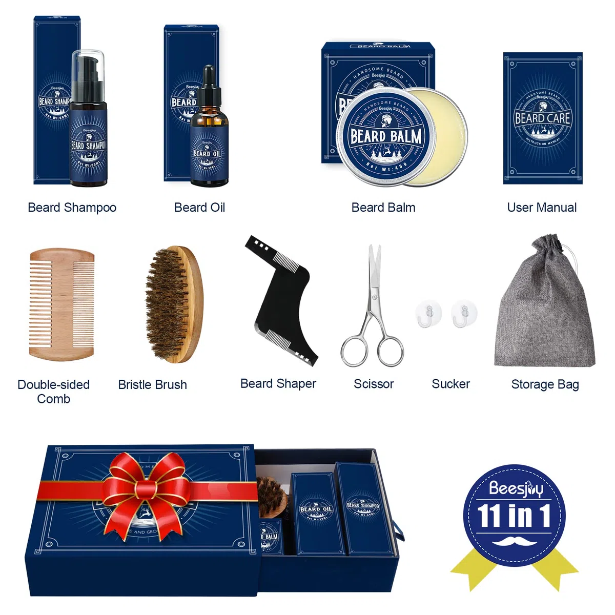 Beesjuy 11 In 1 Kit Barba per Uomo, Kit Barba Uomo Professionale, con 30ML Olio per Barba, 60ML Shampoo per Barba, 40g Balsamo per Barba,Pettine, Spazzola per Barba,Forbici, Regali di Natale Uomo