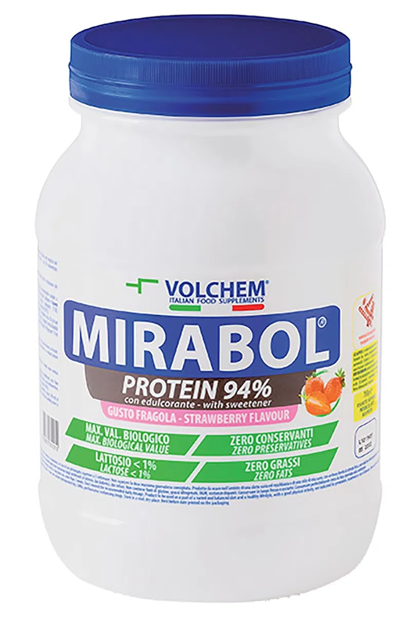 Volchem Mirabol Protein 94, Integratore Alimentare con Proteine dell'Uovo e del Latte, Senza Grassi Idrogenati e Conservanti, Barattolo con Polvere Solubile, Gusto Fragola, 750 g