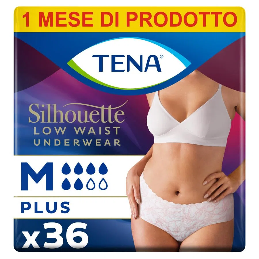 TENA Silhouette - Mutandine a vita bassa, assorbenti, per perdite urinarie, elasticizzate, monouso, per donna, Medium (M), 3 confezioni x 12 pezzi