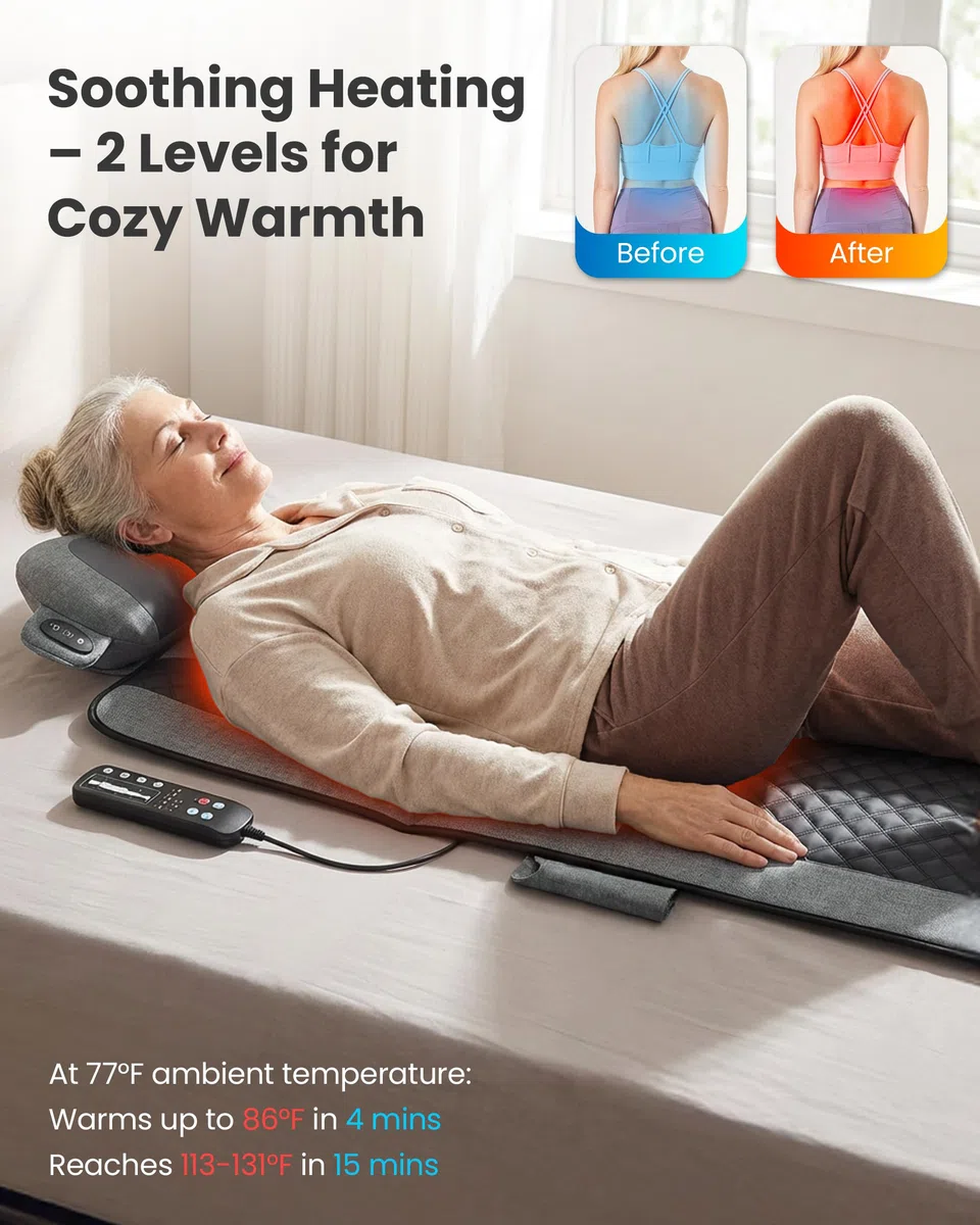 COMFIER Tappetino massaggiante per tutto il corpo con calore, cuscino massaggiante per la schiena con cuscino per il collo Shiatsu, 10 motori vibranti e 3 livelli di tappetino massaggiante riscaldante