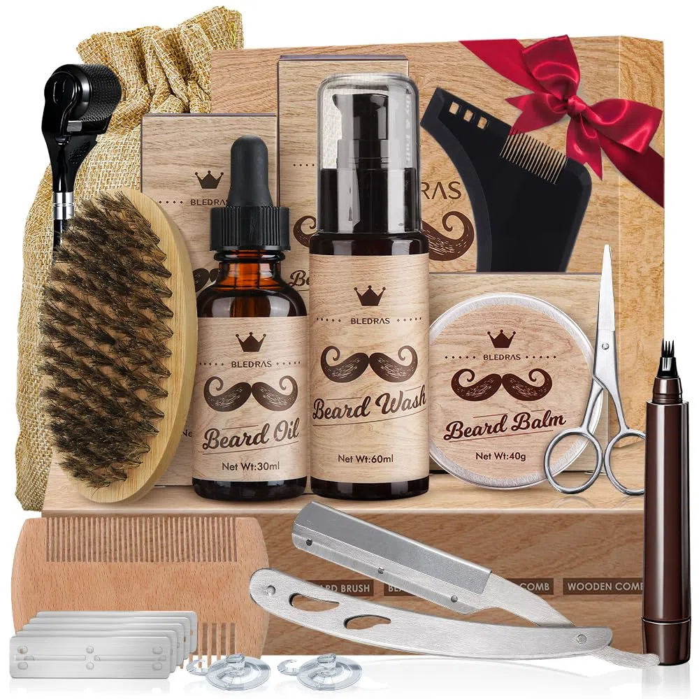 Bledras 13 in 1 Barba Cura Set, Cura Della Barba Professionale per Uomo, con Olio da Barba, Balsamo Barba, Shampoo Barba, Rasoio Dritto, Forbici, Spazzola,Pettine, Kit Barba Uomo Regali per Lui e Papà