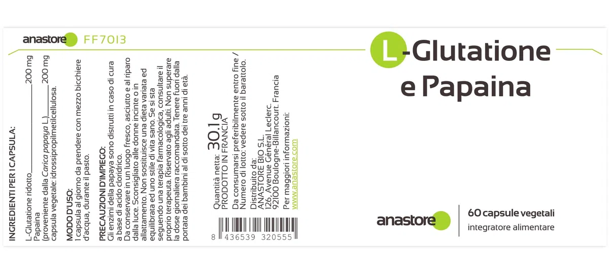 L - Glutathion e Papaya * 200 mg / 60 capsule * Dimagrante + diuretico + bruciagrassi * Sinergia di altissima qualità *