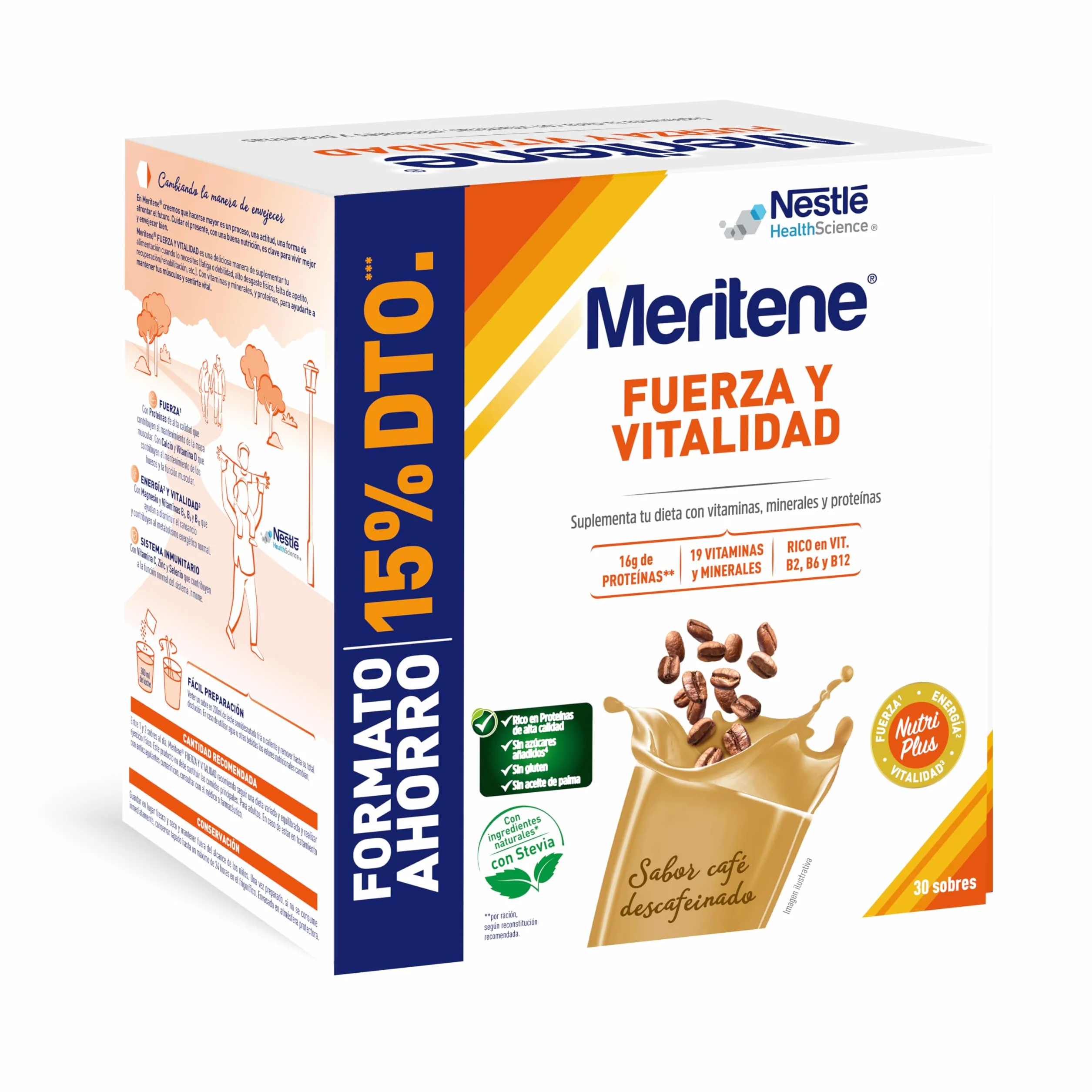 Meritene, Forza e Vitalità, Frullati Sapore Caffè Decaffeinato, Forza per i Muscoli, Vitalità per te, Nutrizione per Adulti con Proteine, Vitamine e Minerali, 30 Buste, 900 gr