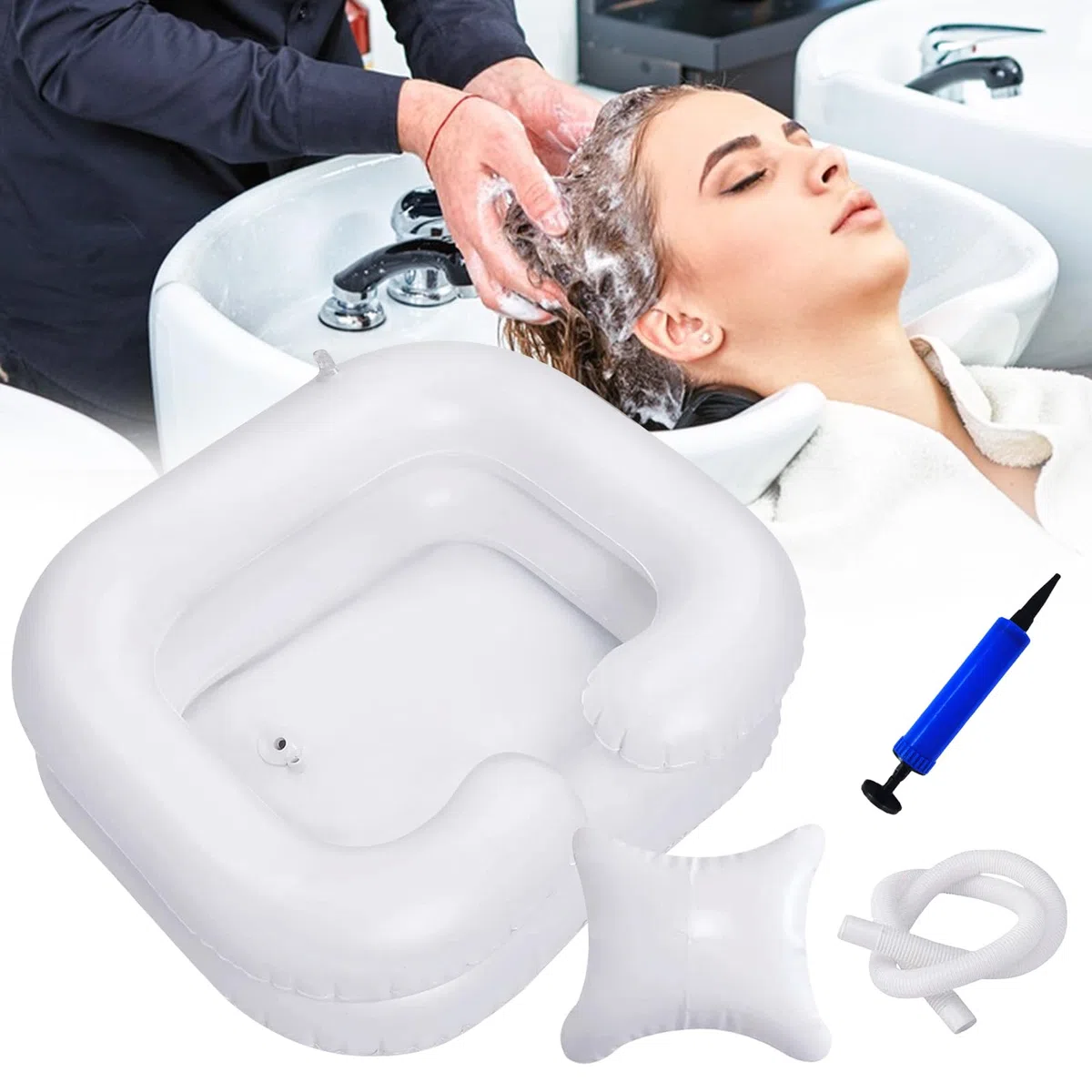 TOSUTOLavandino Gonfiabile per Capelli,Lavatesta gonfiabile con Tubo di Scarico da 1 m,Cuscino e Pompa ad Aria,Bacino gonfiabile per capelli portatile,Ideale per Donne Incinte,Persone Ferite e Anziani