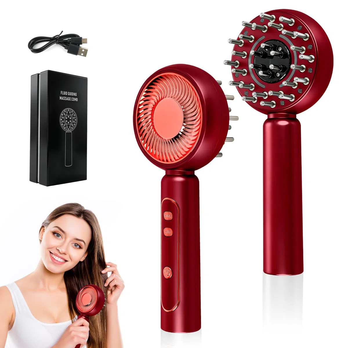 Spazzola elettrica per massaggio del cuoio capelluto, massaggiatore elettrico per cuoio capelluto 2 in 1, applicatore di olio per capelli con luce rossa, 4 modalità di massaggio e cura del (Rosso)