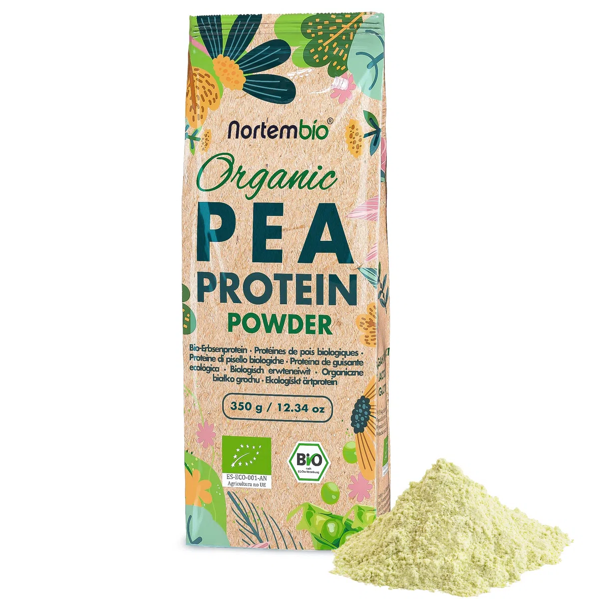 Nortembio Proteina di Piselli ISO 350 g Biologica. Senza Sapore. Origine 100% Naturale. Proteina Isolata per Vegani. Isolato Proteico di Piselli. In Polvere. Senza Zuccheri, OGM, Glutine.