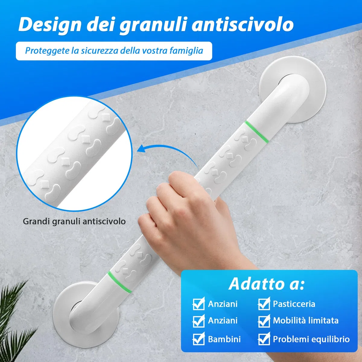 Fanwer 2 maniglioni per vasca con impugnatura antiscivolo e cerchi luminosi di sicurezza, maniglia da 40 cm in acciaio inossidabile per vasca, maniglia da parete per doccia con portasciugamani.