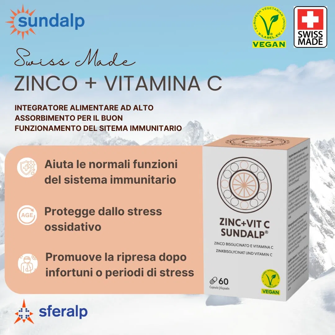 SUNDALP Zinc + Vit C | Integratore per Sistema Immunitario e Stanchezza | Integratore Alimentare con Zinco e Vitamina C - 60 Capsule
