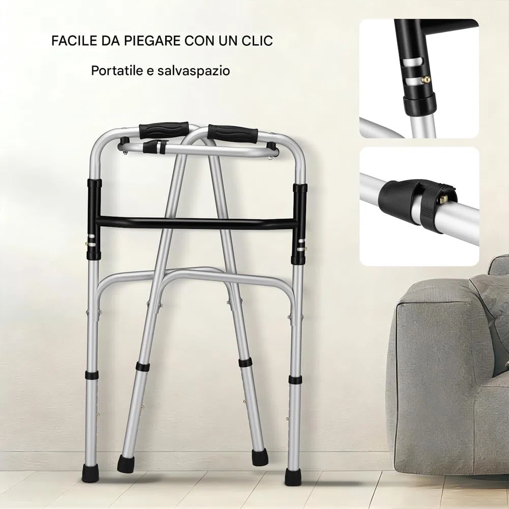 BAKAJI Deambulatore per Anziani Pieghevole con Struttura Leggera in Alluminio Salvaspazio, Walker Dispositivo di Aiuto per Persone Disabili con Mobilità Ridotta, Altezza Regolabile 77,8–92,8 cm