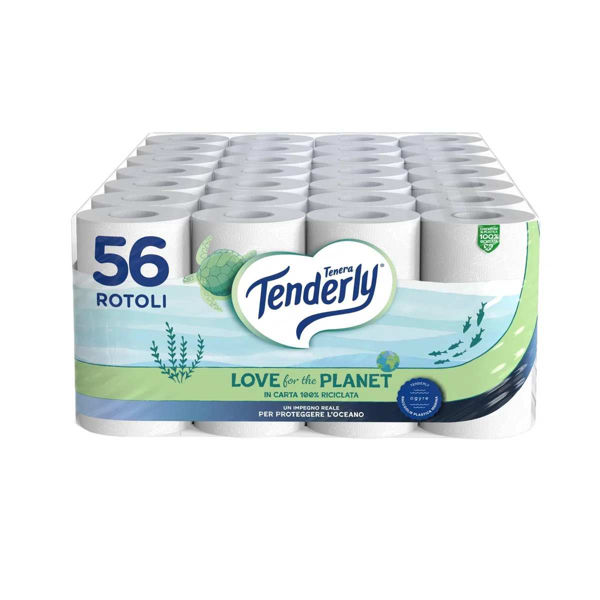 Tenderly Love for the Planet, 56 Rotoli di Carta Igienica (14 conf. da 4 rotoli), Cellulosa 100% Riciclata, Dermatologicamente Testato, Made in Italy