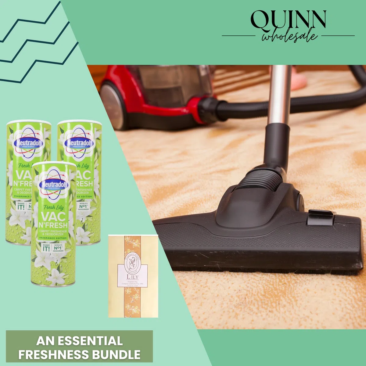 2 in 1 Shake and Vac, polvere detergente per tappeti: 3 x Neutradol 350 g Shake and Vac deodorante per tappeti Lily Fresh + sacchetto da appendere al profumo di spezie (giglio)