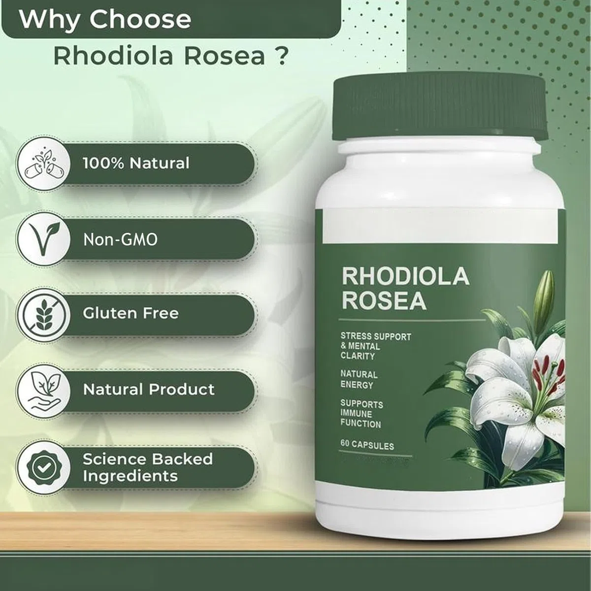Rhodiola Rosea - Erba adattogena - Supporto per cervello, stress e umore - Miscela naturale - Non OGM