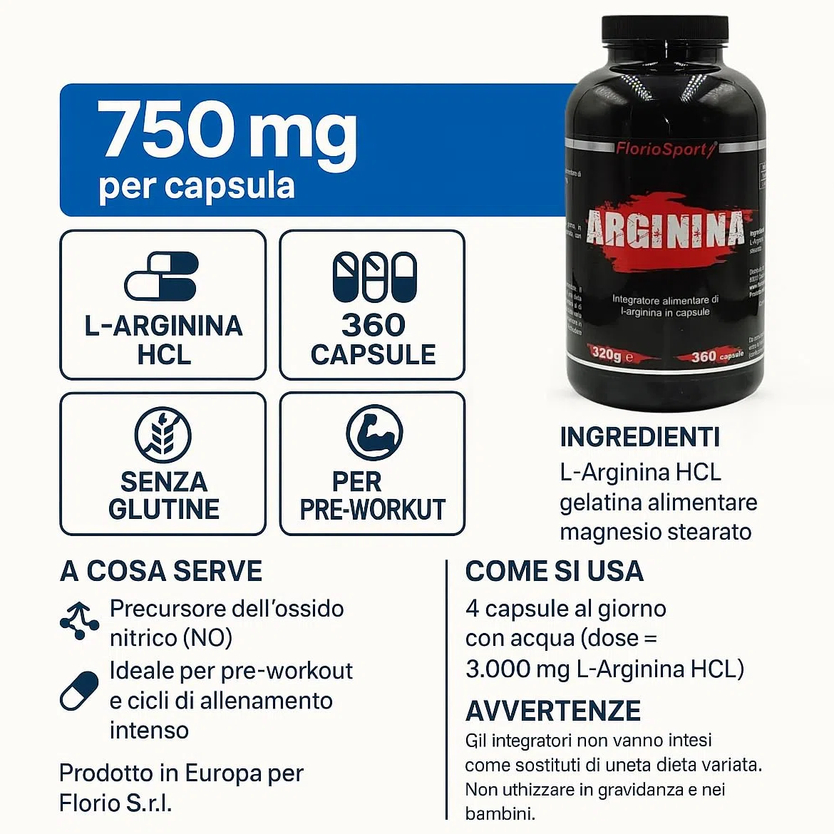 Arginina 360 capsule FlorioSport - Pura L-Arginine HCL ad Alto Dosaggio - Precursore di Ossido Nitrico (NO) che regola la Vasodilatazione e contribuisce alla Sintesi Proteica