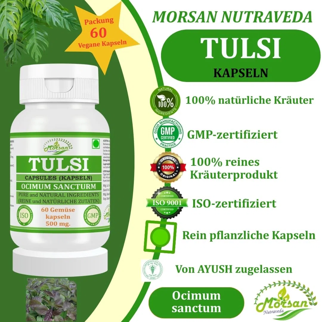 Capsule Tulsi 500 mg. 60 vegani. Unità | Capsule di estratto di basil (Ocimum sanctum) per uomini e donne | Integratore a base di erbe ayurvediche/rimedio | 10:1 amido (2 bottiglia da 60 capsule)