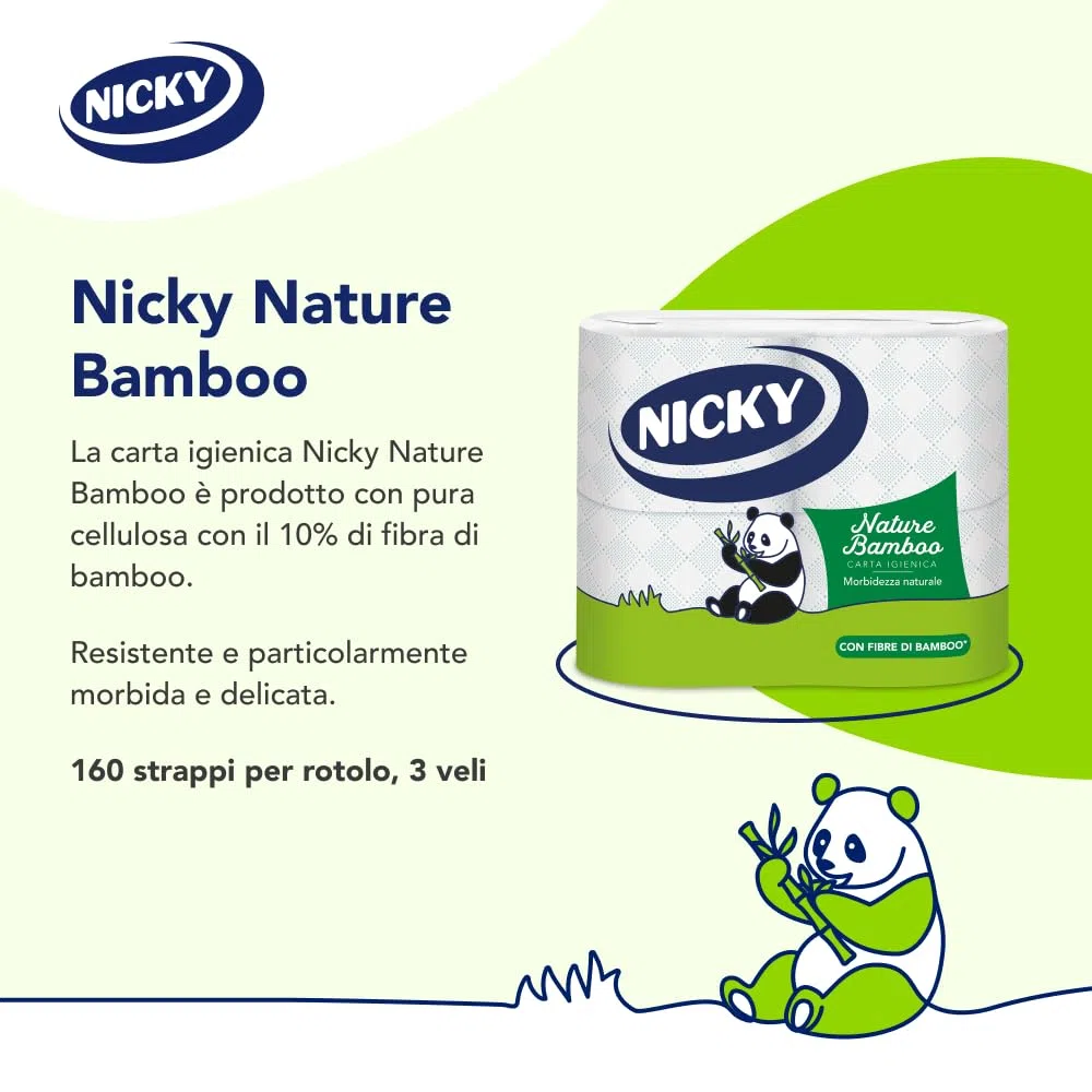Nicky Nature Bamboo - 28 Rotoli di Carta Igienica, 160 Soffici Fogli a 3 veli di Pura Cellulosa e Arricchiti di Fibre di Bamboo, Morbida e Confortevole, Sostenibile Dentro e Fuori, Bianca