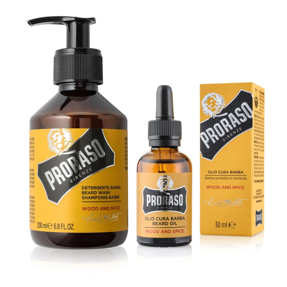 Proraso Set per Cura della Barba Lunga Wood and Spice, Set con Detergente Barba 200 ml e Olio Barba 30 ml dalla fragranza speziata e legnosa, Made in Italy