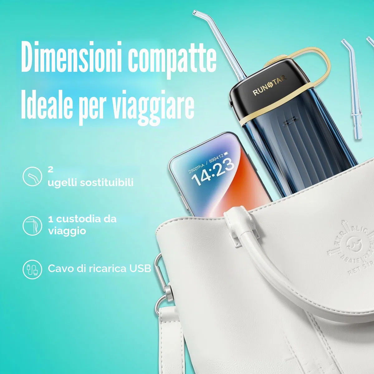 Runstar Dentale Portatile Denti, serbatoio portatile da 160 ml, quattro modalità (DIY/standard/pulso/morbido) - rimuove il 99% della placca dentale, adatto per chi porta l'apparecchio e per i viaggi.