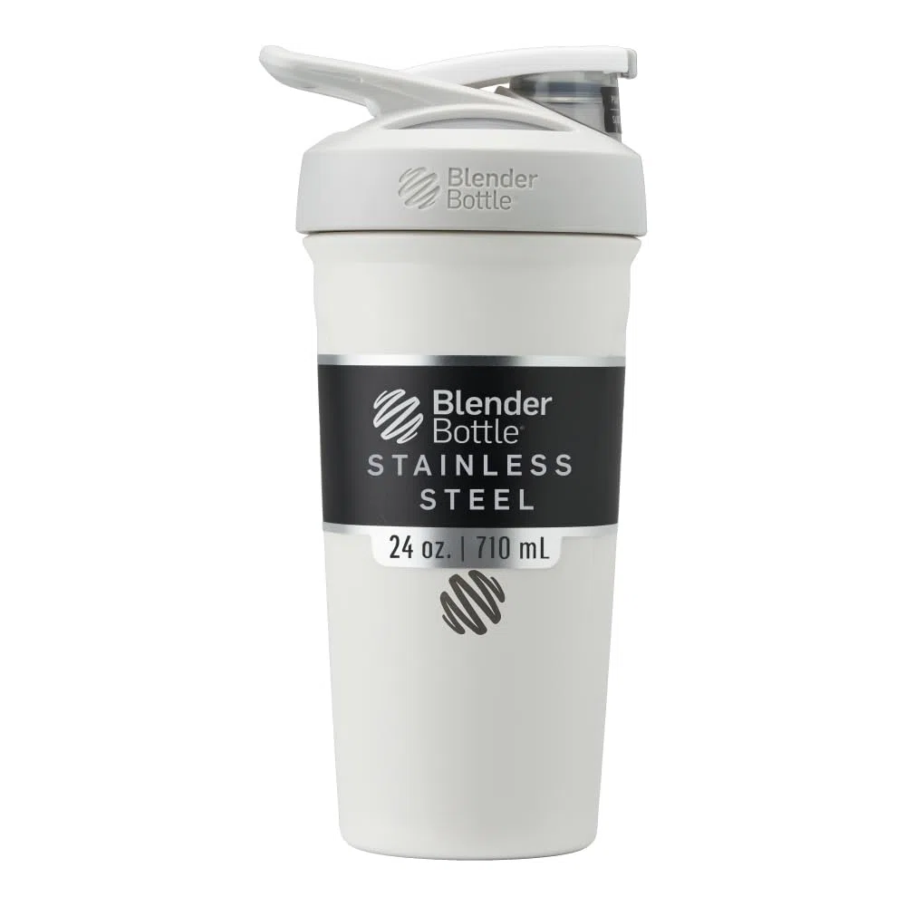 BlenderBottle Strada - Borraccia termica in acciaio inox, con BlenderBall, shaker per proteine e shaker per il fitness, senza BPA, a doppia parete, isolata sottovuoto – bianco, 375 g