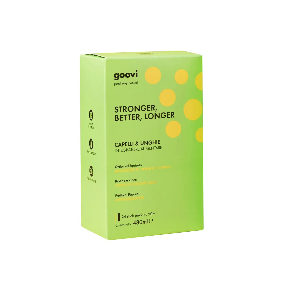 Goovi, Stronger, Better, Longer, Integratore Alimentare per Capelli e Unghie, Rende Capelli e Unghie Sani e Forti, Confezione da 24 Stick Pack da 20 ml, Gusto Papaia