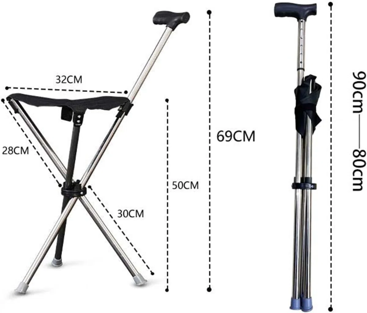 Bastone Multifunzionale Con Sedile Altezza 86 Cm, Non Regolabile Stampelle Sgabello Per Anziani Sedia Stampelle Resistente Con 3 Gambe Retrattil Bastone Da Passeggio Sedia