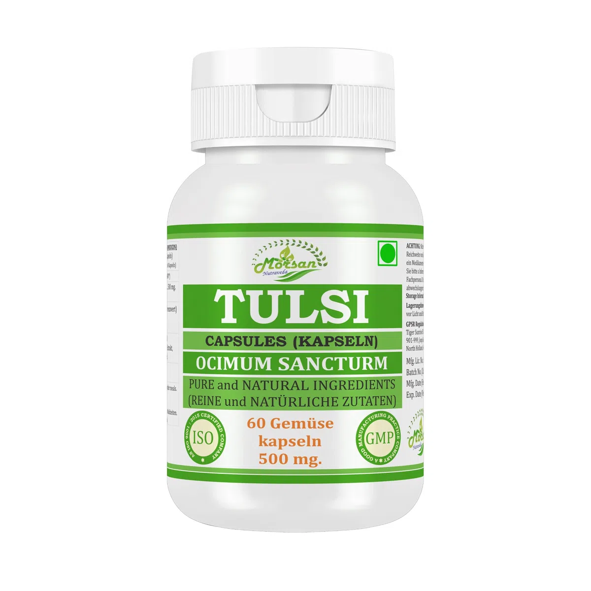 Capsule Tulsi 500 mg. 60 vegani. Unità | Capsule di estratto di basil (Ocimum sanctum) per uomini e donne | Integratore a base di erbe ayurvediche/rimedio | 10:1 amido (2 bottiglia da 60 capsule)