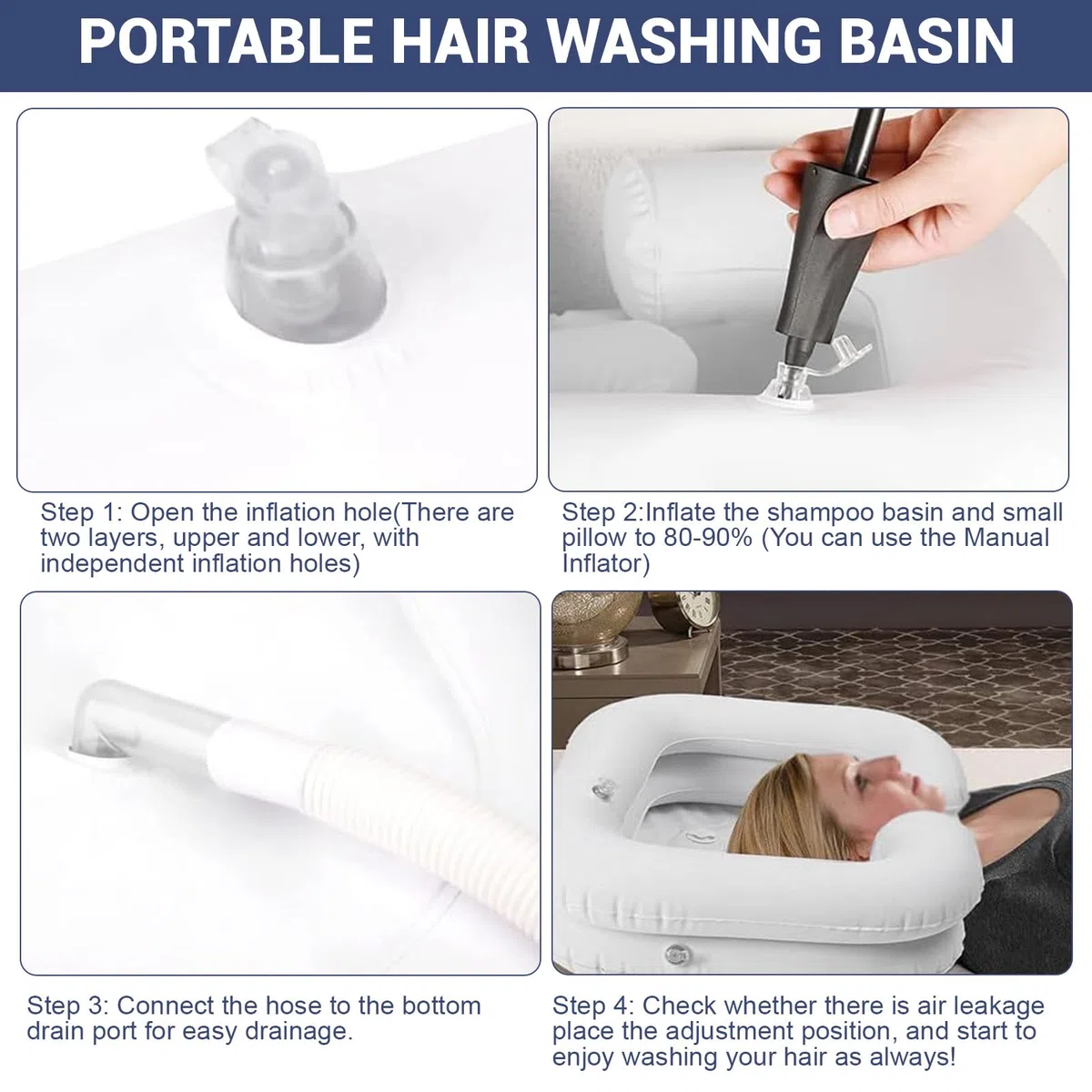 TOSUTOLavandino Gonfiabile per Capelli,Lavatesta gonfiabile con Tubo di Scarico da 1 m,Cuscino e Pompa ad Aria,Bacino gonfiabile per capelli portatile,Ideale per Donne Incinte,Persone Ferite e Anziani