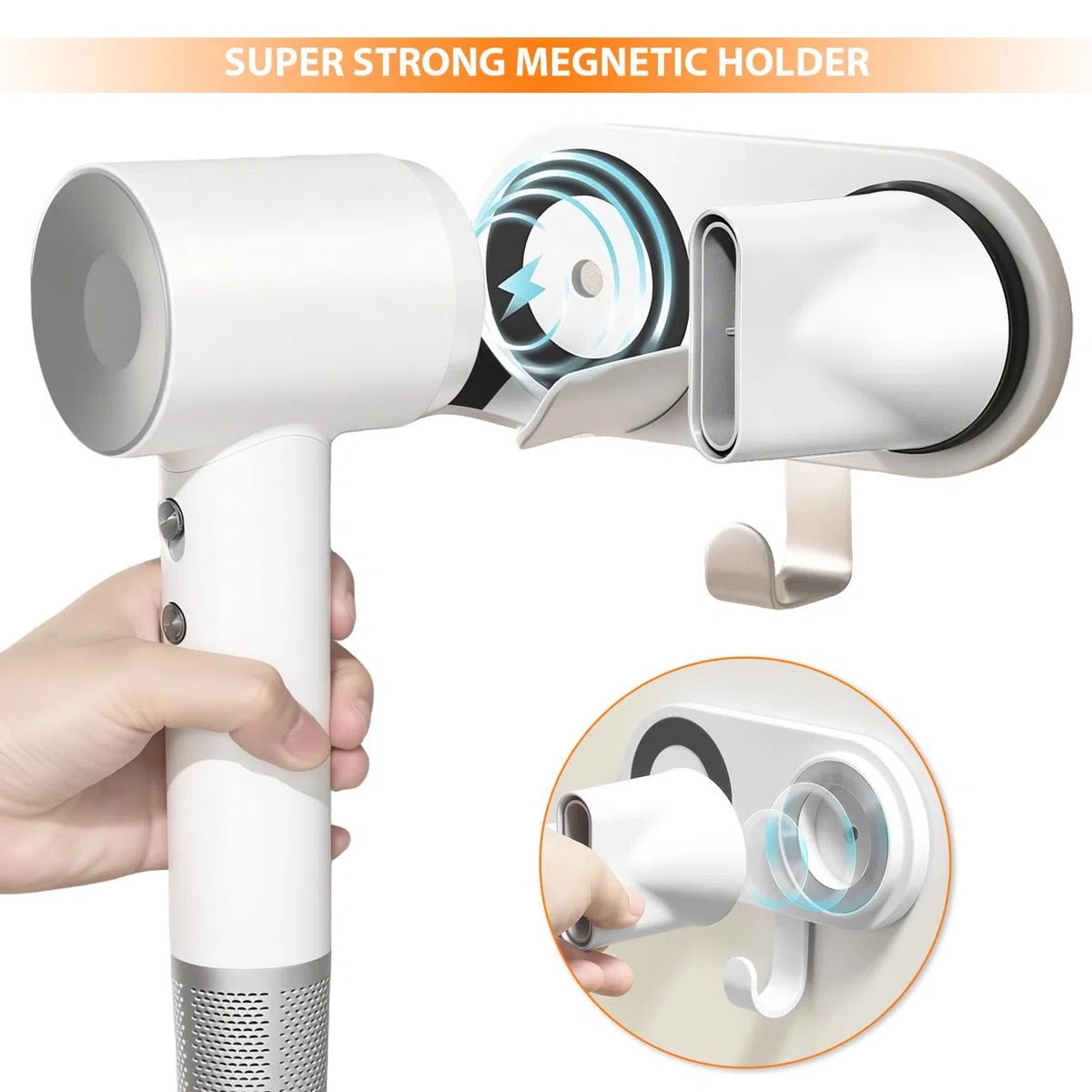 Supporto da parete per asciugacapelli compatibile con Dyson & Laifen, supporto adesivo per tutti gli asciugacapelli magnetico ad alta velocità, con gancio organizer per cavo e tappetino
