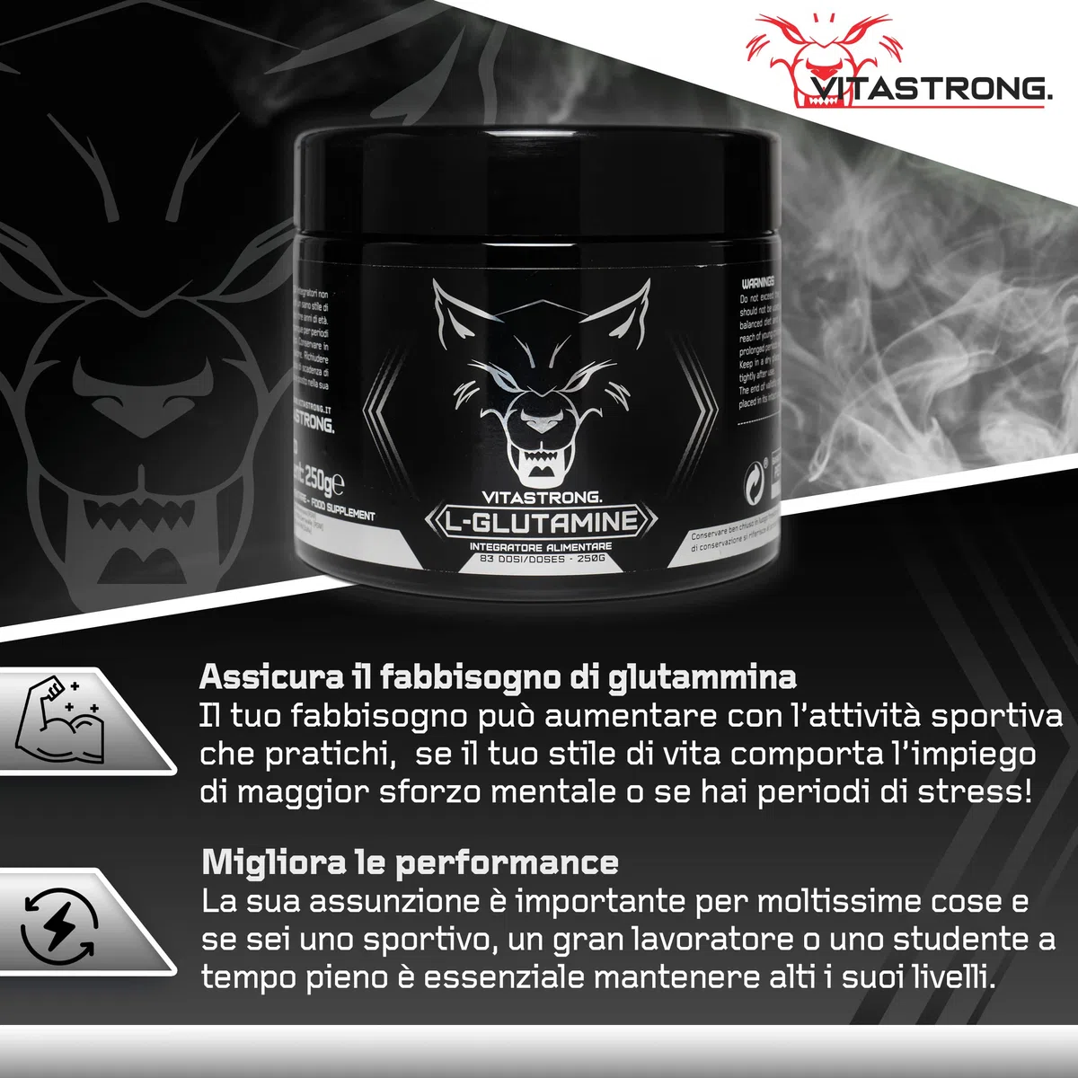 Glutammina in Polvere Vitastrong 250g (83 Porzioni), Stimola GH Ormone della Crescita, L-Glutammina Senza Additivi Superflui per Post Workout Recupero Muscolare, Misurino Incluso