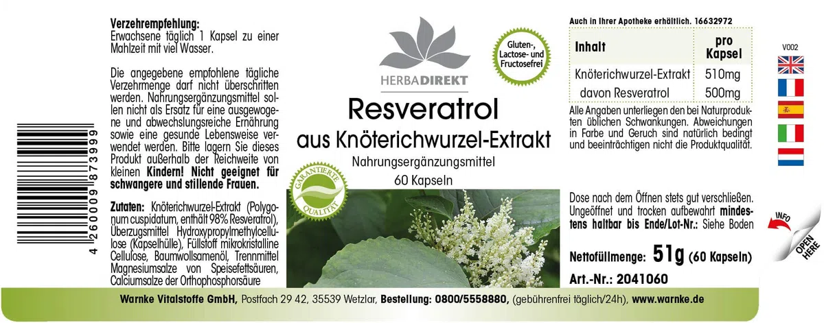 Resveratrolo 100% 500mg - Estratto di Fallopia Japonica - 60 Capsule - Vegan | HERBADIREKT by Warnke Vitalstoffe - Qualità da farmacia tedesca
