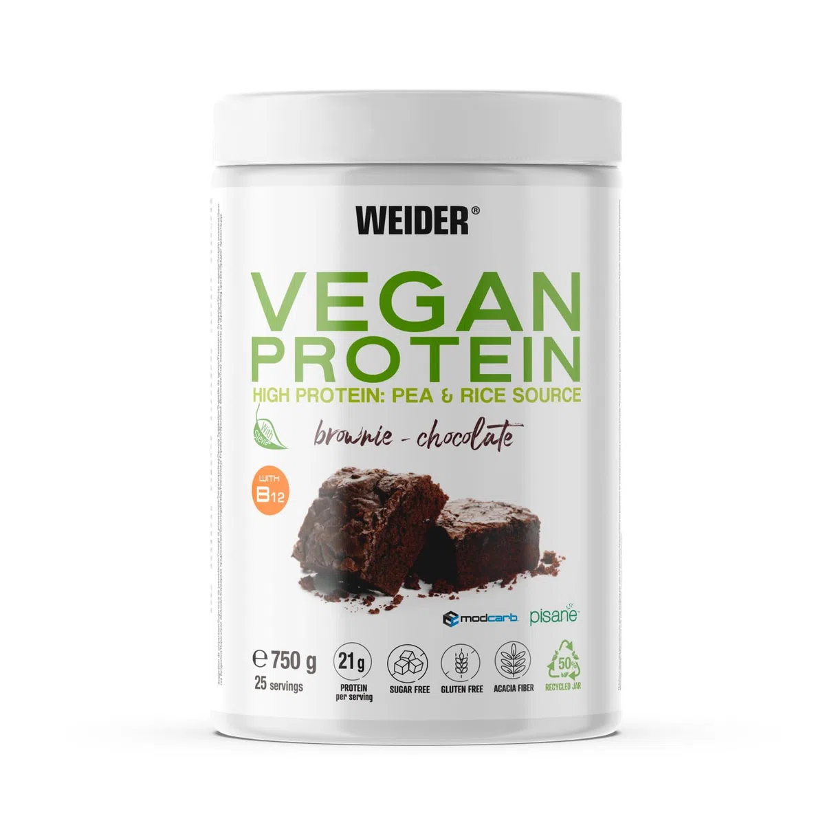Weider Vegan Protein (750g) Gusto Cioccolato. Proteine Vegane 21g/dose isolate di piselli e riso, Con Vitamina B12 e Stevia, Senza Glutine, Senza Zucchero, Contenitore 50% Riciclato, 100% Riciclabile