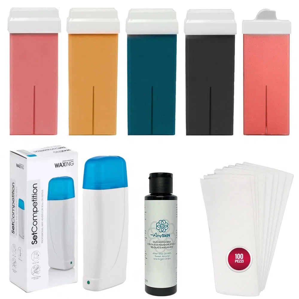Anyskin Kit Scaldacera Rullo Professionale - Contiene 5 Ricarica Ceretta Rullo Liposolubile Black, Aloe, Rosa, Argan, Baffetti + Anyskin Olio Dopocera 100ml e Strisce Depilatorie Tnt 100pz