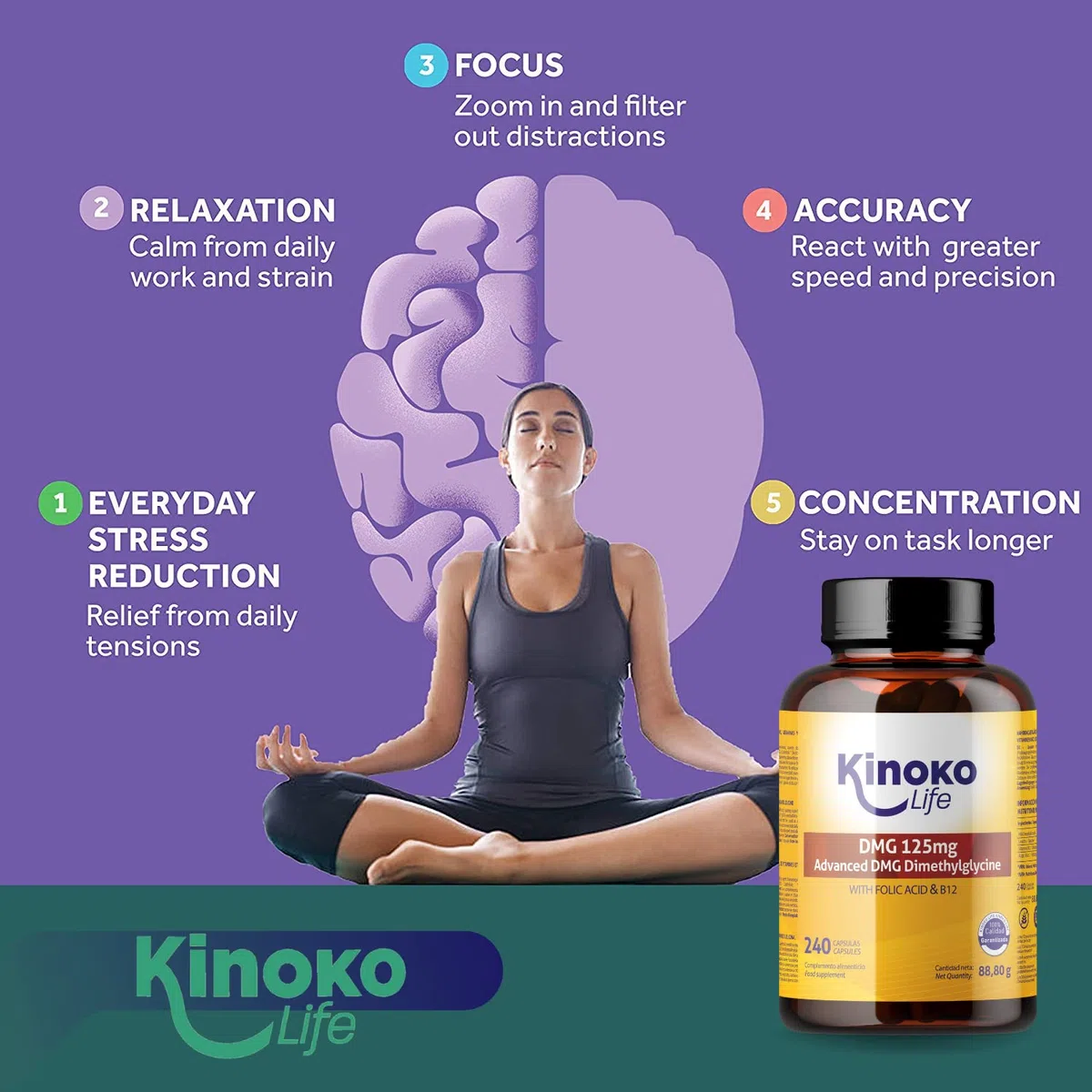 DMG Advanced 125 mg, 240 capsule Dimetilglicina pura. Con Acido Folico e B12 per un migliore assorbimento del DMG. Senza Glutine, Non OGM, Vegan Friendly. Memoria, Stress, Concentrazione