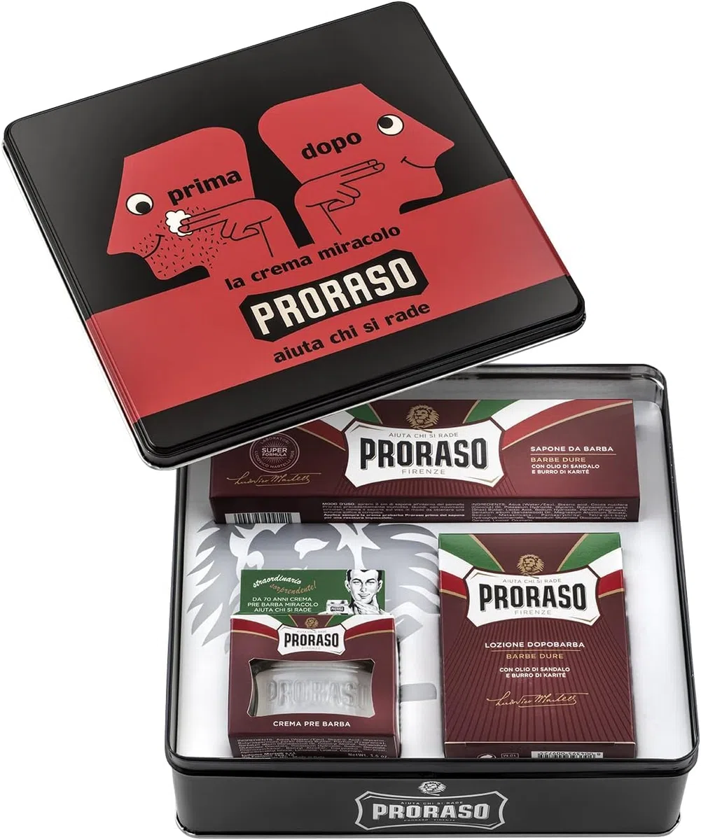 Proraso Set Vintage Selection Barbe Dure, Set regalo uomo con Crema Pre Barba 100 ml, Sapone Barba 150 ml e Balsamo Dopobarba 100 ml, Cofanetto regalo uomo rasatura, Set regalo natale Made in Italy