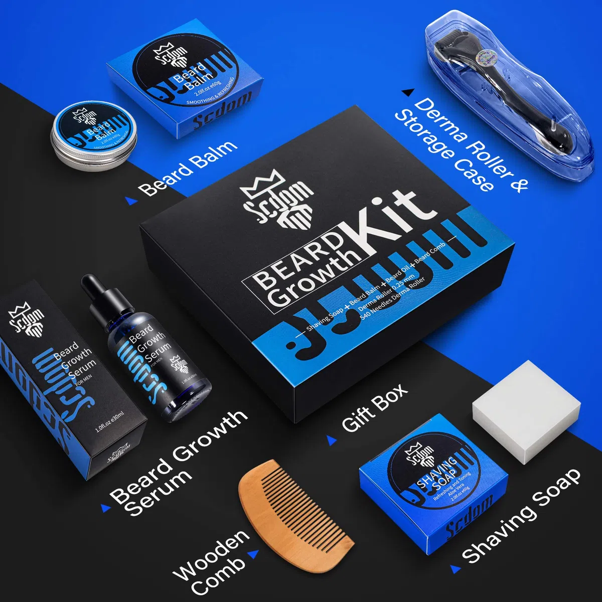 Kit per la Crescita Della Barba, Scdom Kit per la Crescita Della Barba da Uomo con Derma Roller+Olio Siero per la Crescita Della Barba+Balsamo per la Barba+Sapone per la Pulizia Della Barba+Pettine